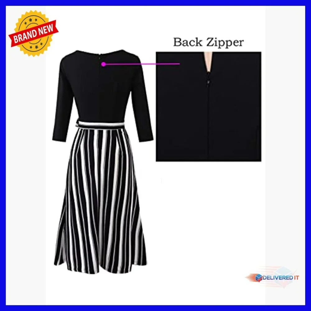 Women's Pleated Midi Dress with Pockets and Belt for Work and Party